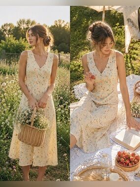 Vintage Cottagecore Floral Midi Dress |Butter Yellow Button Front Sundress